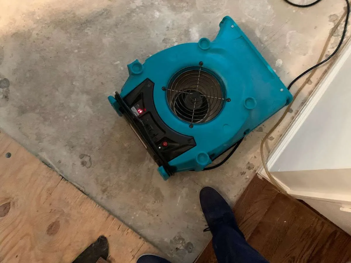 Air mover drying subfloor during Leak Detection & Repair in Grosse Pointe